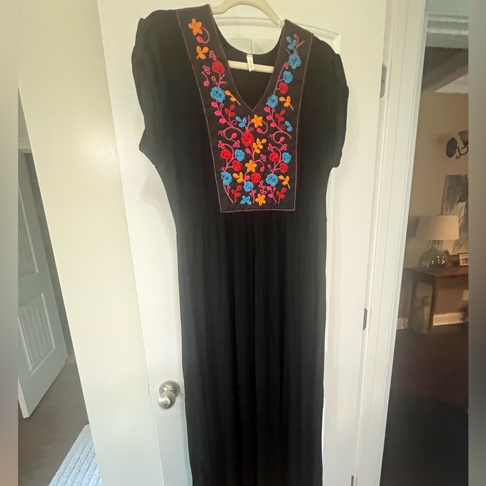 Mai Soli XL Maxi Dress.  Black with embroidery.